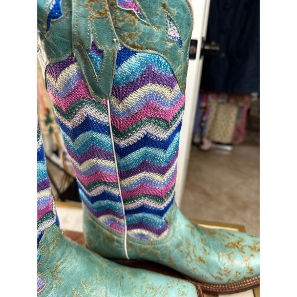 Tanner Mark NWB Womens SZ 9 Turquoise Zigzag Western Cowboy Boots Square Toe - Picture 4 of 12